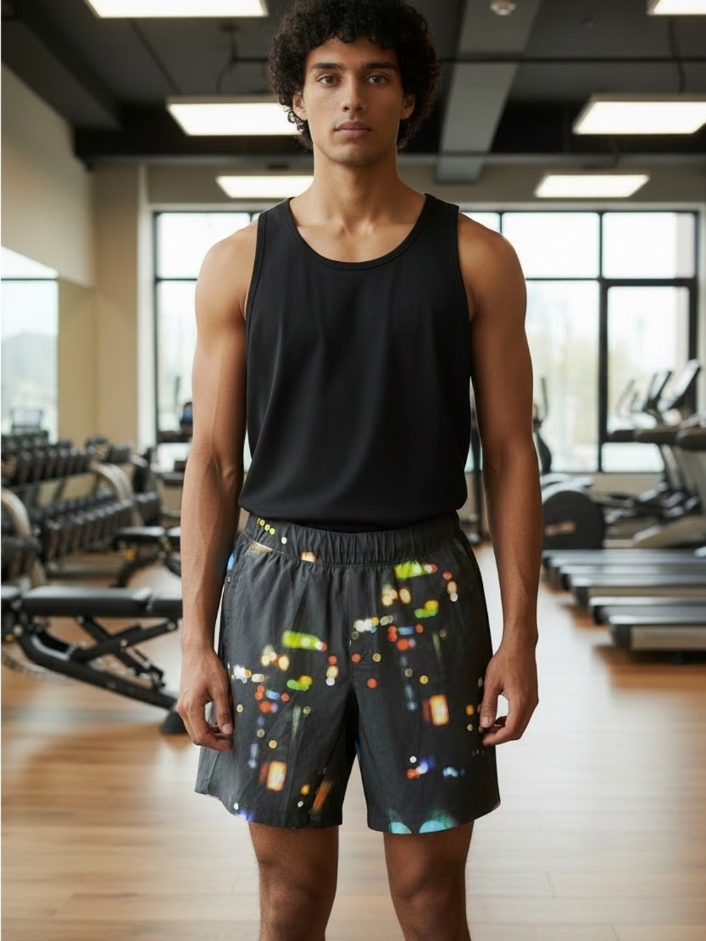 lululemon athletica Men's Black Athletic Shorts with Blink Me/City Lights print.